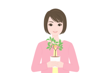 若木の鉢植えを持つ女性（エコイメージ）