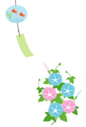 8月はがきのテンプレート（縦書き用のアサガオの花）
