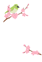 2月はがきのテンプレート（縦書き用のウメの花とメジロ）