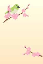 2月はがきのテンプレート（縦書き用のウメの花とメジロ）